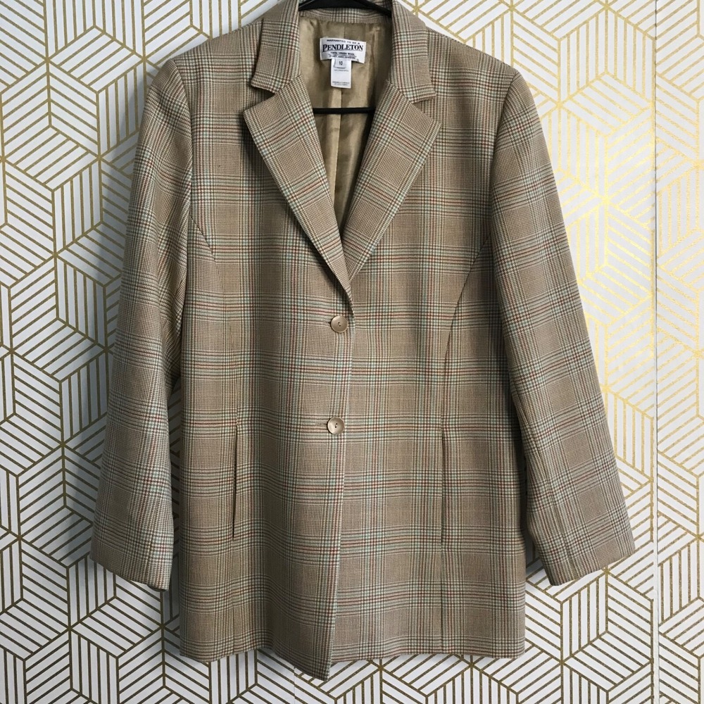 Pendleton Womens 100% Virgin Wool Plaid Blazer Jacket Sz 10 Brown 2 Button